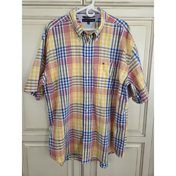 Tommy Hilfiger Plaid Short Sleeve Button Down Shirt Xxl‎ Red Yellow Blue - Picture 1 of 7